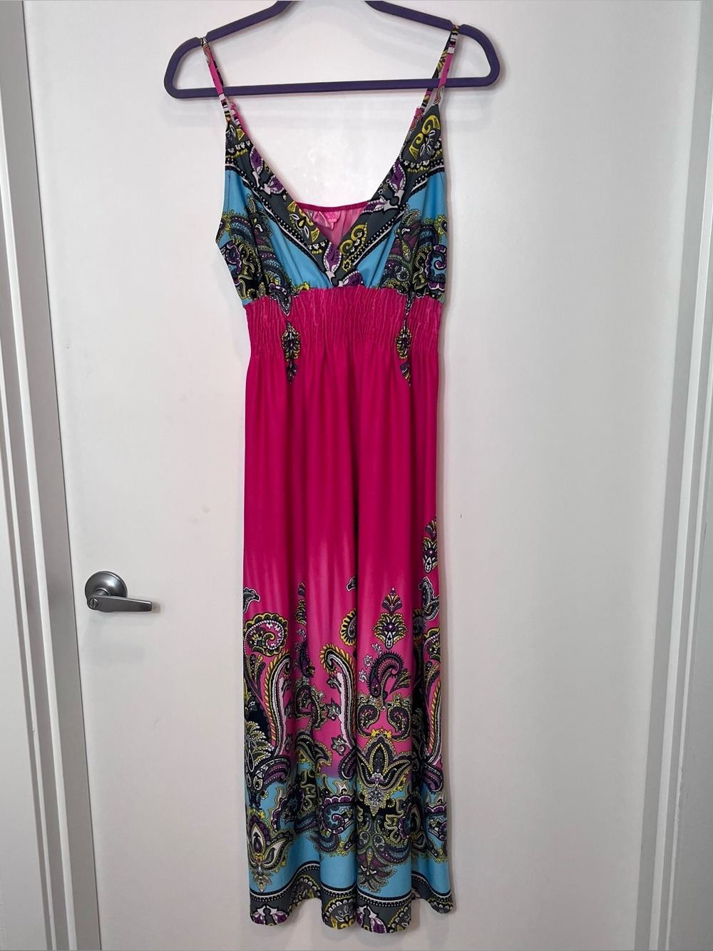 She's Cool Pink Boho Paisley Smocked Maxi Dress 1X Bright Blue Sleeveless Long